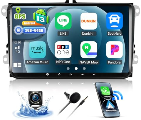 CAMECHO 2+64G Android 13 Autorradio para VW Passat B6 B7 Golf 5 6 Jetta T5 Polo Touran Caddy Sharan Seat, 9 Pulgadas Wireless Carplay Bluetooth Radio con Android Auto WiFi GPS FM/RDS + Cámara Trasera