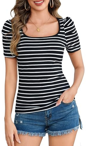 Aottori T-Shirt Donna a Maniche Corte Scollo Quadrato a Righe Slim Fit | Maglietta, Sbuffo Estive, Elasticizzato Eleganteee, Tinta Unita Casual