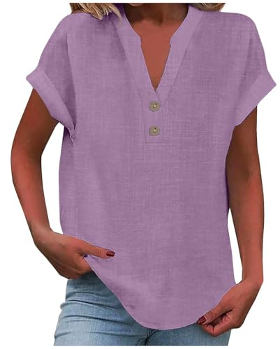 KOG Damen T-Shirts Sommer Leinenshirt Oberteile Elegant Kurzarm Blusenshirt Frau Oberteil Retro Baumwolle Leinen Tshirts Rundhals Lässig Tops Lila XL