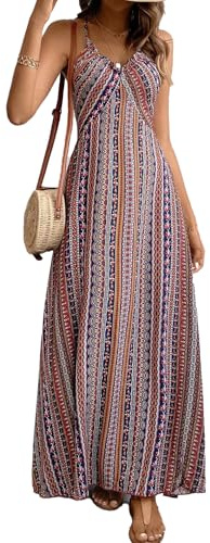 JENJON Mujer Vestido de Verano Sin Mangas Cuello en V Falda Larga Estampada de Tirantes Playa Vestido de Bohemio Elegante Vestido