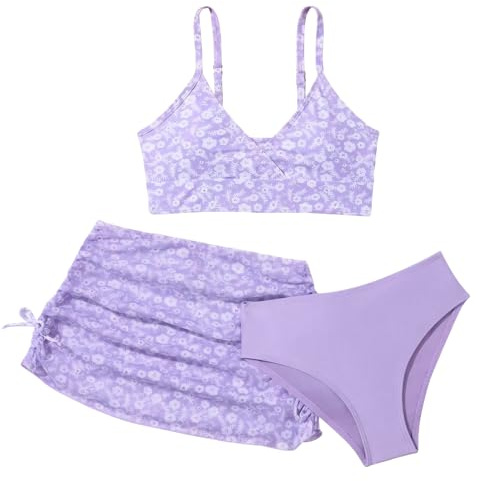 SEAUR Conjunto 3 Piezas Bikini Niña Top Bikini Halter Traje de Baño con Falda Niña Elegante Ropa de Baño Morado 10-11 años