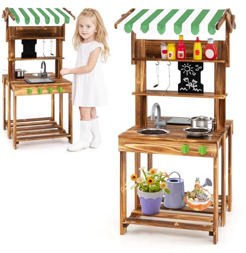 GYMAX Kids Mud Kitchen, Double-Sided Play Kitchen with Canopy, Chalkboard, Sink & Cooking Accessories, Indoor Outdoor Wooden Barbecue Playset for 3 Years Old + Boys Girls