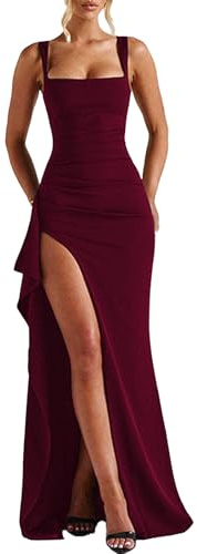 ABYOVRT Women Formal Dresses Sleeveless Bodycon Ruched High Slit Sexy Maxi Dress Cocktail Prom Wine red,S