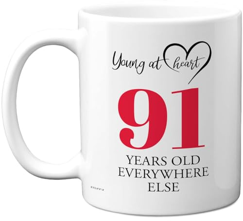 91st Birthday Gifts for Women Men, Cheeky Novelty Mug Young at Heart, Gag Joke Gifts, Perfect Funny Mugs for Ninety-One Ninety-First Birthday Present, 11oz Ceramic Coffee Mugs