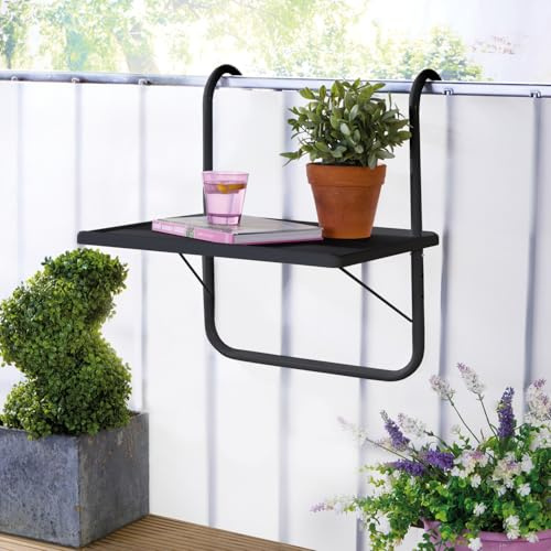 3 Pagen Mesa de balcón plegable negra – Mesa colgante para balcón pequeño – Ahorro de espacio, funcional y resistente a la intemperie – Mesa plegable para balcones y barandillas de terraza