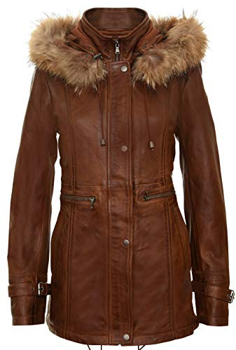 Women's Tan Warm Leather Jacket Detachable Hooded Parker Trench Coat M