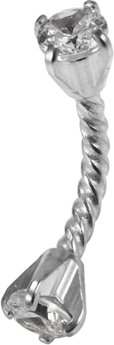 AZARIO LONDON Piercing per sopracciglio in acciaio chirurgico 316L con doppia punta con zirconia cubica e corda intrecciata, 8mm Length, Zirconia cubica, Zirconia cubica