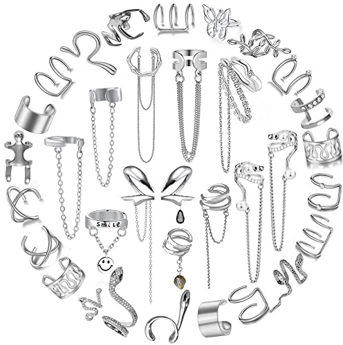 34 PCS Gold Silver Adjustable Ear Cuffs Earrings for Women Non-Piercing Cartilage Clip on Earrings Wrap Ear Jewelry Set,Punk Snake Butterfly Claw Stud Earrings Gift (Silver)