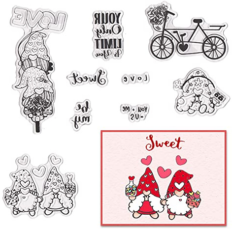 Hying Valentine's Day Gnomes Clear Stamps for Card Making, Love Heart Transparent Rubber Stamps Valentines Bike Stamp Seal for Crafting DIY Scrapbooking Photo Album Decorations