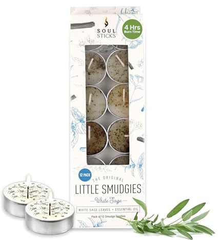 SOUL STICKS 12 Pack Little Smudgies Tealight Candles Smudge Candle for Cleansing House, Meditation, Chakra Healing | Made with Crystals and Herbs (White Sage)