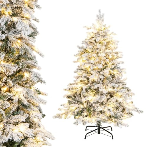 RELAX4LIFE Sapin de Noël Artificiel Lumineux 180 CM, Arbre de Noël Enneigé, Ouverture Automatique, 260 Ampoules LED, 1415 Branches en PVC, Base Métallique, Décoration Noel pour Maison Magasin