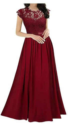 2021 Nuevo Vestido Ajustado de Gasa con Costuras de Encaje, Vestidos Largos para Damas de Honor, Vestidos de Noche para Mujer, Bata de Color sólido para Mujer -Rojo-XXL