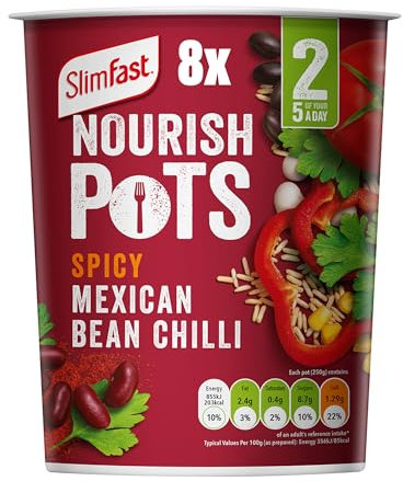 SlimFast Nourish Pot Spicy Mexican Bean Chilli, Ready Meal, Low in Sugar and Fat, Healthy Vegan Lunch, Source of Protein, Instant Noodles Alternative, Multipack, 8 x 60 g