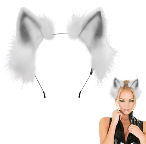 FUIPVGI Hecha a Mano de Piel Sintética con Orejas de Lobo de Zorro, Orejas de Gato Animales Orejas de Lobo Zorro Diadema, Halloween Navidad Cosplay Fiesta Accesorios de Disfraz para Mujer Niñas (Gris)