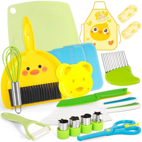 ROELLY Coltelli da Cucina,Set di Coltelli da Coltelli per Bambini da 22 Pezzi, Coltello da Cucina per Tagliare Frutta e Verdura, Fornito con Grembiule da Cucina, Tagliere, Coltello Ondulato