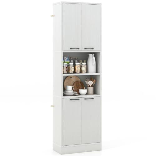 COSTWAY 190 cm hoher Küchenschrank Vorratsschrank, Hochschrank mit Türen, Regalen, Sicherheitsscharnieren & Kippschutz, Sideboard freistehend Mehrzweckschrank für Esszimmer, Wohnzimmer (hellgrau)