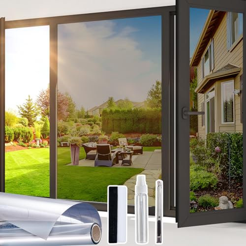 Beautysaid One Way Window Film Privacy Film for Glass Windows, Heat Control Reflective Mirror Window Tint Film Home, UV Sun Blocker Anti Glare Vinyl House Doors Cover with Tools, Silver, 75 x 200cm