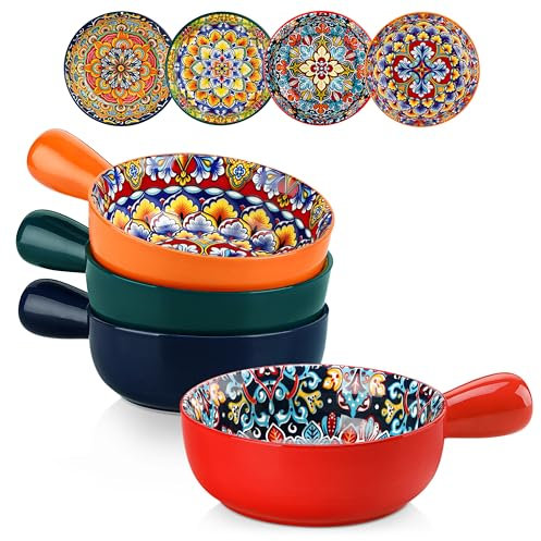 vancasso Suppenschüssel mit Griff, SIMI 690ml Suppenschalen mit Henkel, 4er Set Porzellan Müslischalen für Müsli/Pasta, Böhmischer Stil suppentassen, Keramik Suppentopf, Mikrowellen und Ofenfest