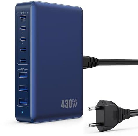 430W Chargeur USB Multiple, 8 Ports GaN Ⅳ Tech PD 100W Chargeur Rapide QC PPS Prise USB CMultiple Station de Charge Compatible avec MacBook Pro/Air Laptop, iPhone, iPad Pro,Galaxy, SteamDeck-Bleu