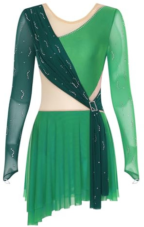 TiaoBug Damen Langarm Eiskunstlauf Kleid Strass Eislaufen Rollschuh Kleid Asymerisches Ballettkleid Tanzkleid Gymnastik Turn Bekleidung gr.S-XXL Grün S