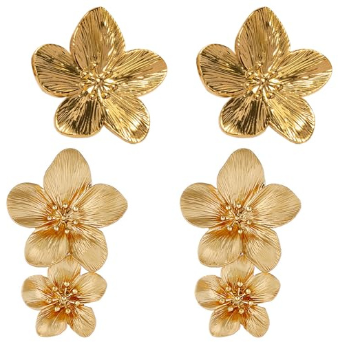 PacuM 2 Pièces Boucles D'oreilles Femme Bohème Boucle D'oreille Femme 2 Styles Antioxydant Earrings for Women Motif Floral Lisse pour Vacances Fêtes Soirées Cérémonies Festivals
