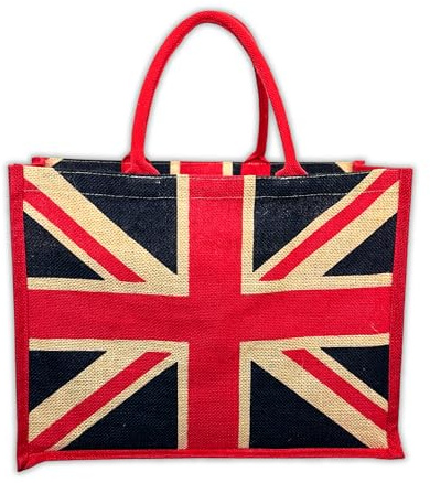 SAJAK Union Jack Jute Shopping Bag – Reusable British Flag Tote - Eco-Friendly UK Souvenir Gift -Natural Burlap & Cotton Handle - Patriotic Sustainable Travel Grocery Bag - Party Decorations