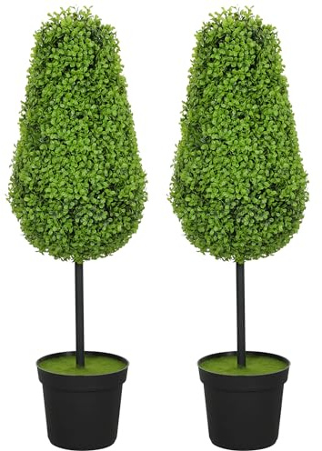 HOMCOM Set di 2 piante artificiali di bosso, 90 cm, a forma di lacrima, in plastica, per soggiorno, camera da letto, ufficio, giardino