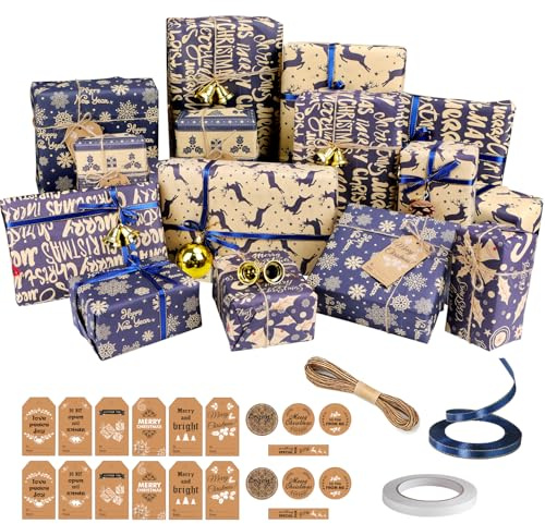 15 Sheets Christmas Gifts Wrapping Papers Set With Tags Twine Ribbon Tape, Blue Recyclable Xmas Gift Wrap Paper for Kids Children Adults Christmas Arts Crafts Present Decorations, 50 x 70cm