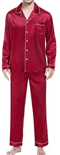 Pyjama en satin unisexe pour adulte - Vêtement de nuit boutonné deux pièces - Confortable - Ensemble de pyjama pour homme - Manches longues - Vêtement de détente à manches longues - Tenue de chambre à