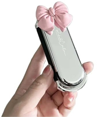 Spazzola per capelli pieghevole portatile con specchio, mini spazzola compatta da viaggio, pettine tascabile con cuscino d'aria (fiocco rosa)