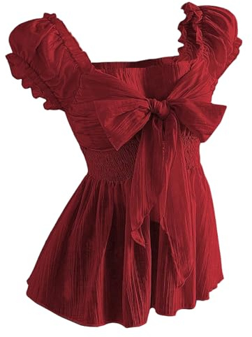 SHENHE Women's Summer Puff Sleeve Peplum Blouse Smocked Tie Bow Coquette Chiffon Shirt Top Red Medium