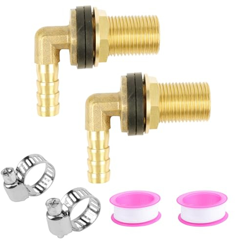 FENGJIAHUI 2 Piezas Conector de Tanque de Agua de Latón, 1/2 Pulgadas AG 3/8 Pulgadas IG, Paso para Barril de Lluvia con Boquilla de Manguera, Abrazaderas de Manguera, Cinta de teflón