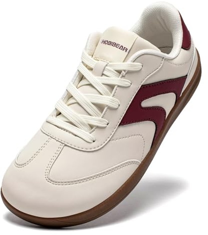 HOBIBEAR Womens Mens Leather Barefoot Wide Zero Drop Minimalist Shoes Comfortable Fashion Sneakers(Beige Red, UK 7)