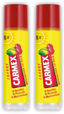 Carmex Cherry Lip Balm Sticks (2-Pack) | Intense Moisturising Summer Lip Care with SPF 15 | Protection for Sun-Exposed, Dehydrated Lips | Lightweight, Non-Greasy & Travel Friendly Lip Balm Duo