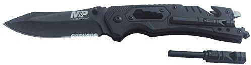 Smith & Wesson M&P 8.5in High Carbon S.S. Spring Assisted Folding Knife with 3.5in Serrated Drop Point Blade and Rubber Handle for Outdoor Survival and EDC,Tan