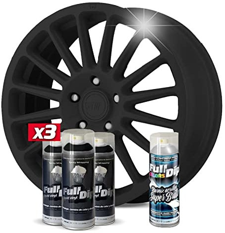 FULL DIP - Pack Llantas Vinilo Líquido 3 Sprays Negro + 1 Spray Brillo - 400 ml. Unidad