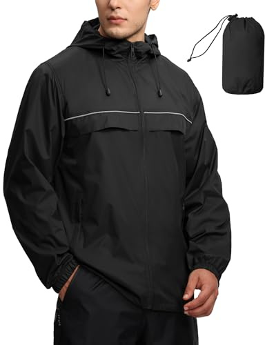 SWISSWELL Mens Waterproof Windbreaker Rain Jacket Lightweight Packable Raincoat with Hood for Golf Hiking Travel Black Medium