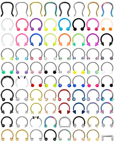 ONESING 80 Pcs, 16g, Septum Rings for Women Septum Piercing Horseshoe Nose Hoop Lip Tragus Cartilage Earrings Hypoallergenic Stainless Steel Body jewelry 10mm