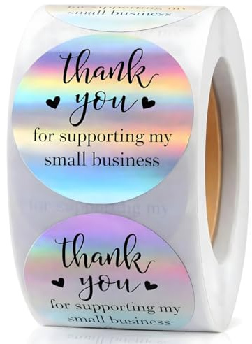 500 PCS Holographic Thank You for Supporting My Small Business Stickers – 1.5 Inch Round Self-Adhesive Waterproof Labels – Eye-Catching Packaging Seals for Orders, Gift Bags, Boxes & Envelopes