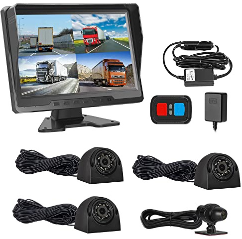VSYSTO 4CH HD 1080P Camion Dash Cam, 10.1 '' Monitor Veicolo Backup Camera per Semi Trailer Van Trattore RV, Front & Sides & Rear Cam, GPS, Lente di Visione Notturna Infrarossa, Sensore di Temperatura
