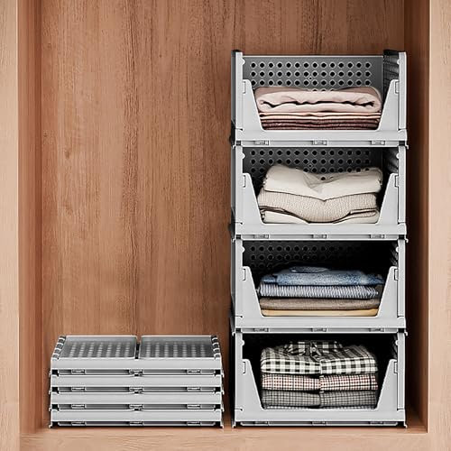Esilihom Wardrobe Storage Organiser 4 Pack, Folding Closet Organisers, Stackable Storage Drawers, Easy Pull Out Wardrobe Shelves for Clothes,Grey