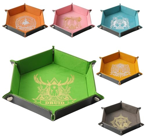 Grajar 6 Pcs DND Dice Tray with Characters Pattern for RPG D&D Table Games - Folding PU Leather and Velvet Rolling Holder Storage Box