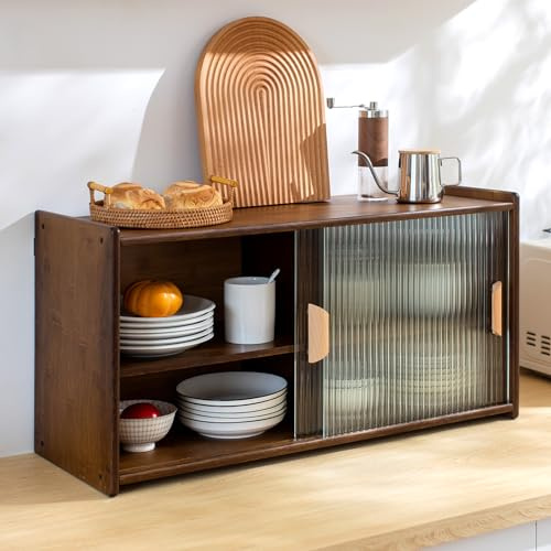 HollyHOME Small Bamboo Wall-Mounted Kitchen Pantry Sideboard with 2 Doors, Coffee/Wine Bar Storage Cabinet for Liquor and Glasses, Console Dining Cupboard