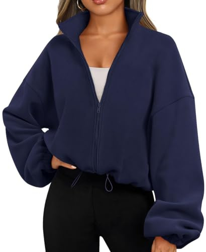 EUDOLAH Women and Men Oversized Rocker Fleece Sport Coat Stand Collar Padded Zip Jacket (Small,Navy Blue)