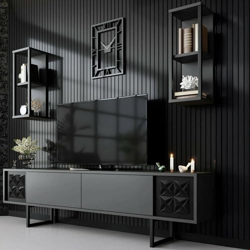 Dmora - Mobile porta TV Kaus, Credenza da soggiorno, Armadio basso per TV, Base parete attrezzata, 180x30h48 cm, Antracite e Nero