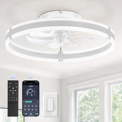 ZMISHIBO Ventilateur de plafond avec lumière et télécommande, profil bas moderne de 50 cm, lumière LED dimmable, 6 vitesses, silencieux, lustre blanc pour chambre/salon