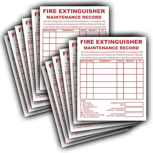 Paquete de 12 etiquetas de registro de mantenimiento de extintores de incendios, señalización adhesiva de vinilo resistente al agua, 110 mm x 90 mm, equipo esencial de seguridad contra incendios para