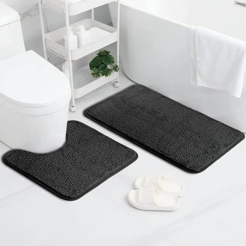 AUAUY Badematte 2er Set, Weicher Mikrofaser Badezimmerteppich, rutschfest & Wasserabsorbierend Sockel Badematte und U-Form Bad Toilette Teppich, 50x80 cm Badteppich & 50x40 cm WC Vorleger (Schwarz)