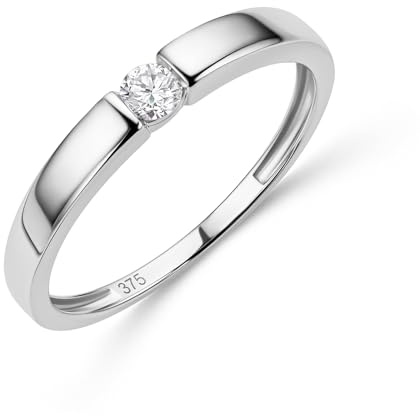 MIORE Anillo de Compromiso de Diamantes para Mujer en Oro Blanco Macizo 375 9K, con Diamante Solitario 0,10ct, Alianza de Boda Entregada Joyas con Joyero