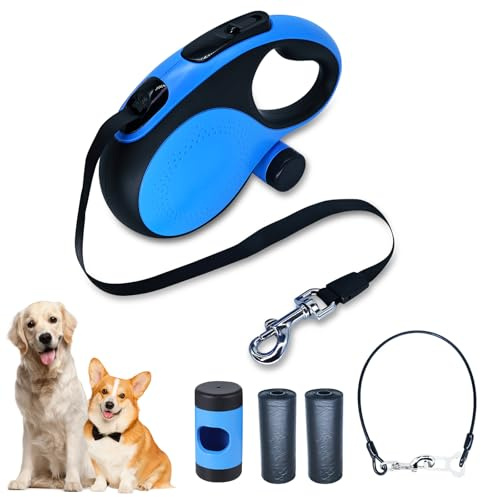 Retractable Dog Leash with Chew Proof Cable, 26ft Heavy Duty Dog Leash for Medium Large Dogs up to 110lbs, Strong Nylon Strap that Won't Tangle, 360 No Tangle, One-Hand Brake, Blue